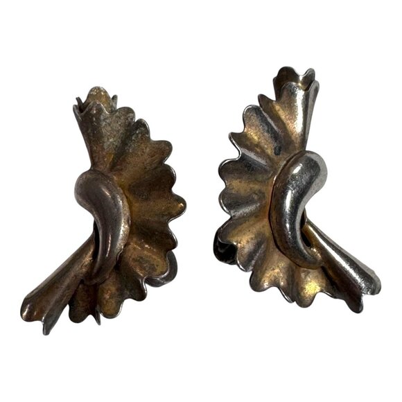 Vintage Monet Sterling Silver Floral Clip-On Earrings Modernist MCM Retro Rare